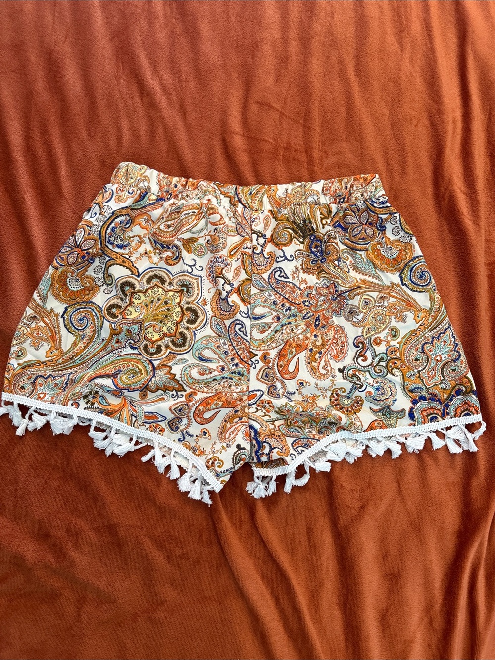 SHEIN Orange & White Paisley Pom Pom Trim High Waist Shorts